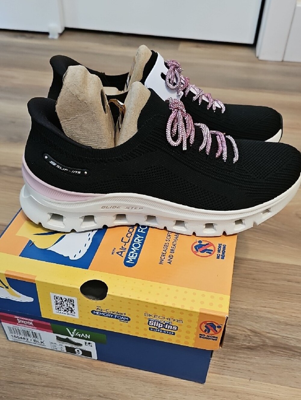 Skechers Black Knit Slip-Ons with Pink Beaded Laces - Picture 2 of 6